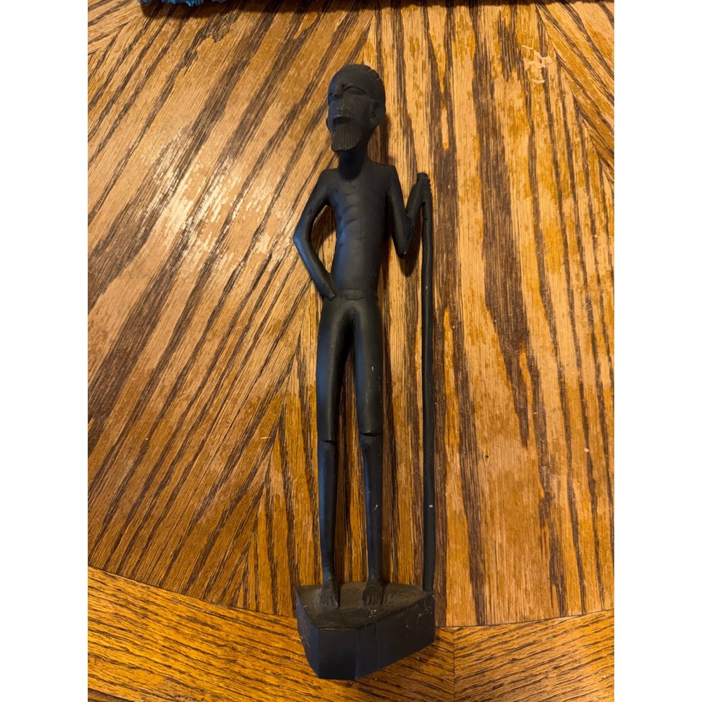 Vintage African Hand Carved Ebony Wood Warrior Elder Statue with Staff 12"